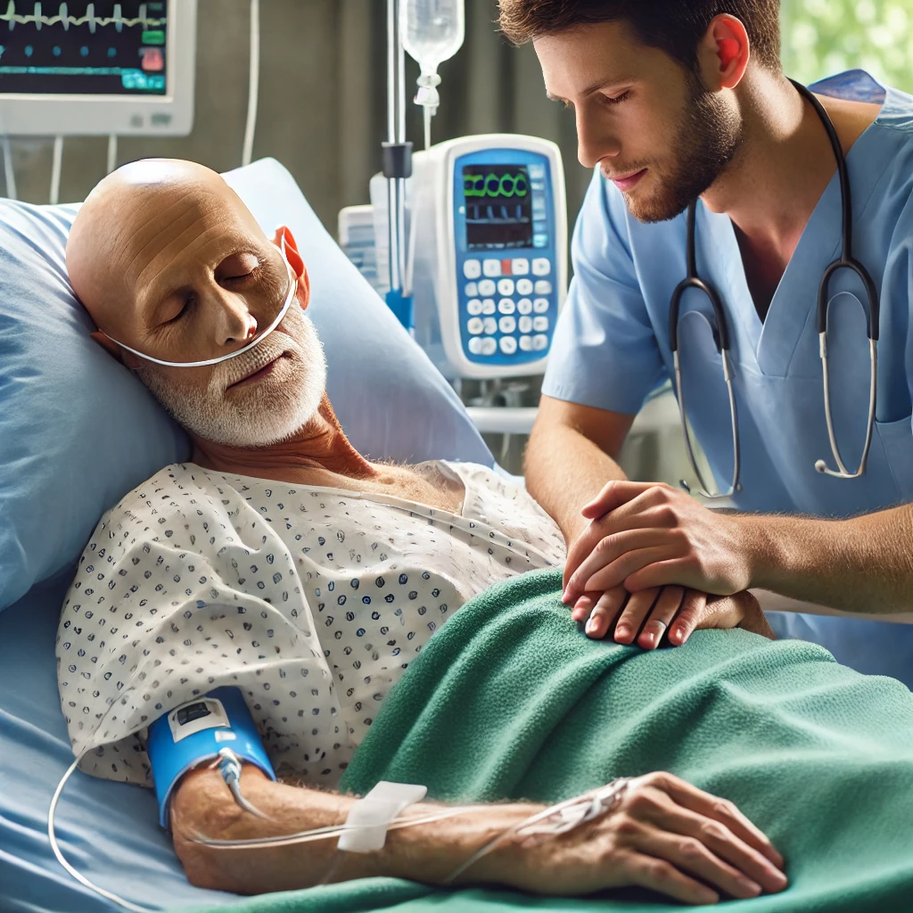 paciente con cáncer terminal acostado en una cama hospitalaria con medico a su lado